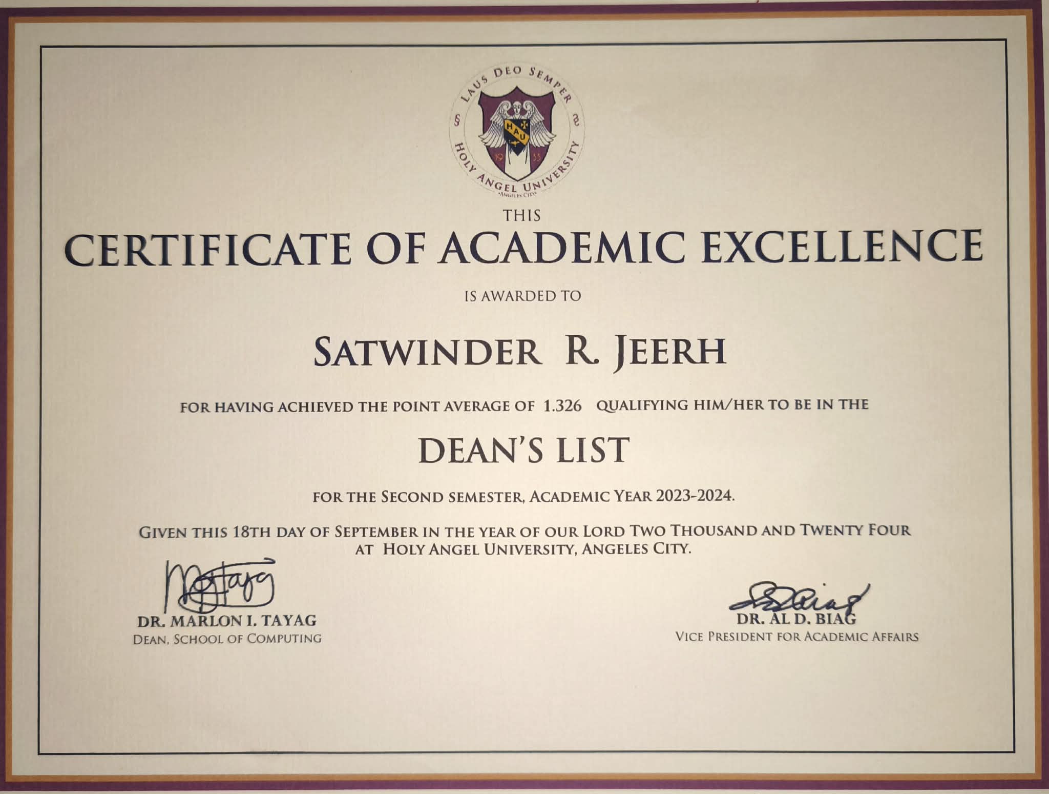 Dean's Lister Certificate 1