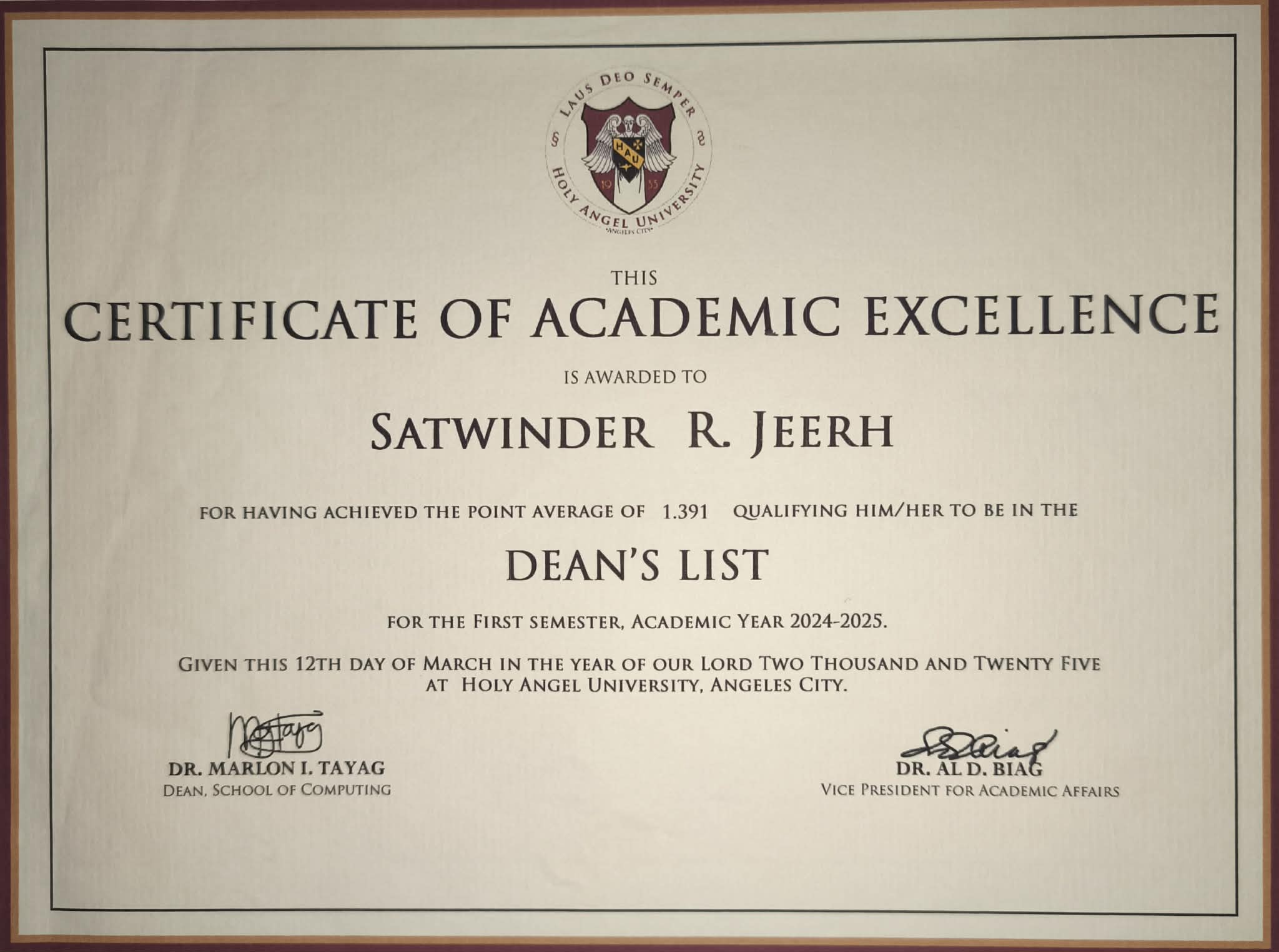 Dean's Lister Certificate 2