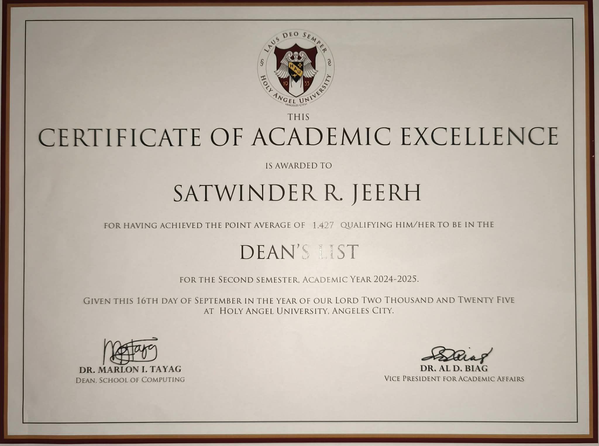 Dean's Lister Certificate 3