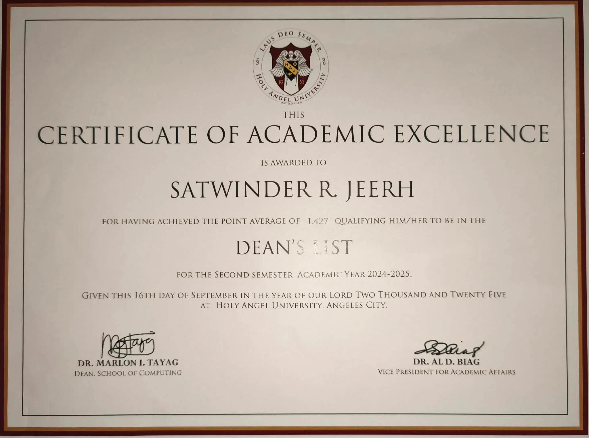 Dean's Lister Certificate 3