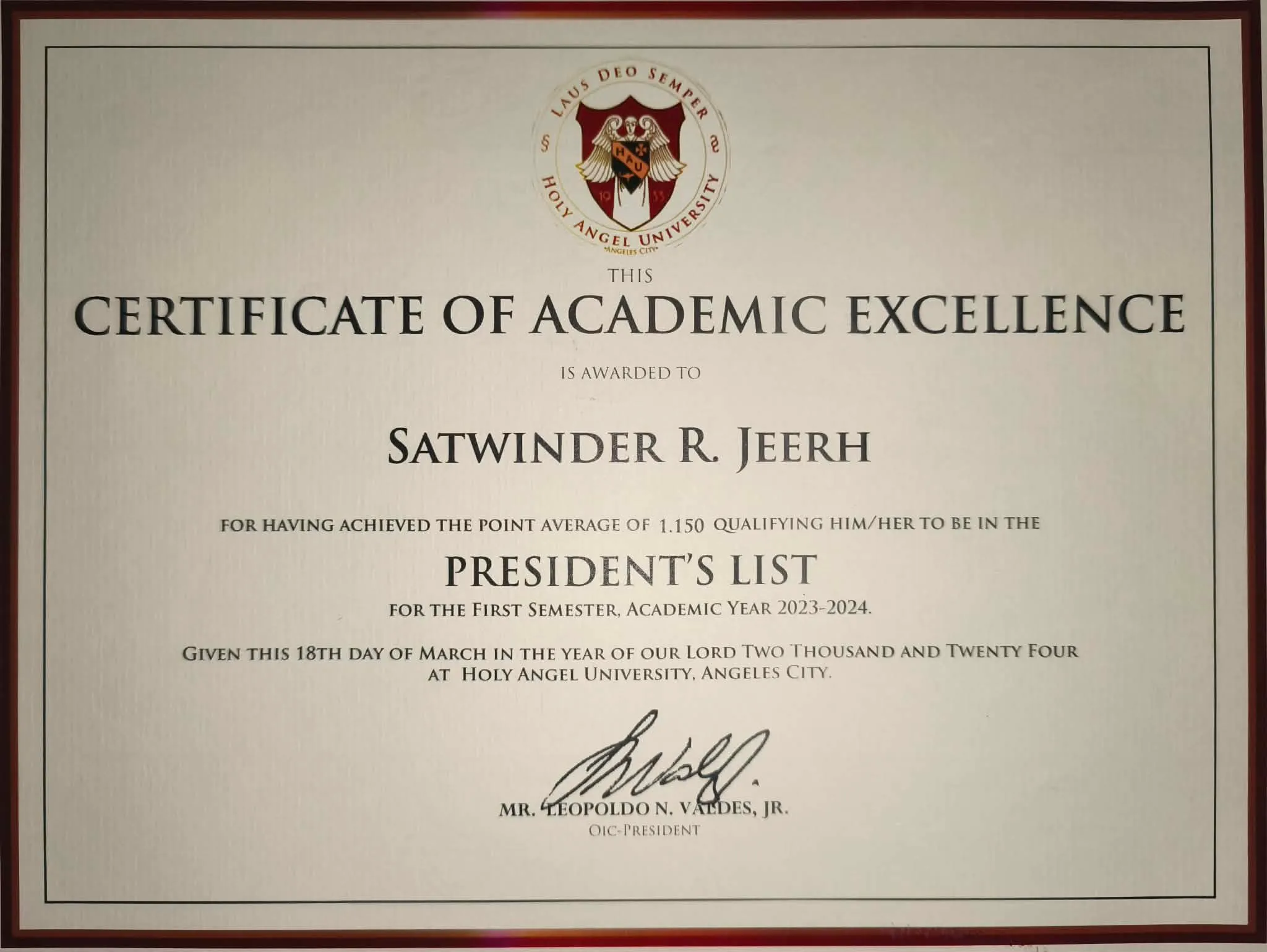 President's Lister Certificate 1
